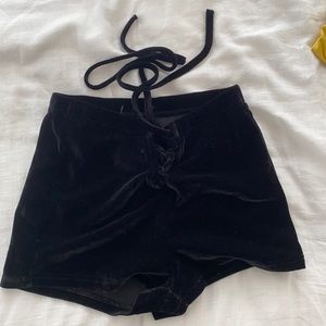 Lace up velvet raver shorts.